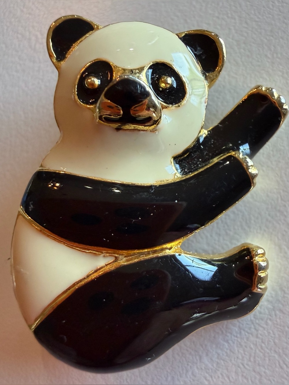 Panda Pin Brooch Enamel Metal Gold Tone 1.50”